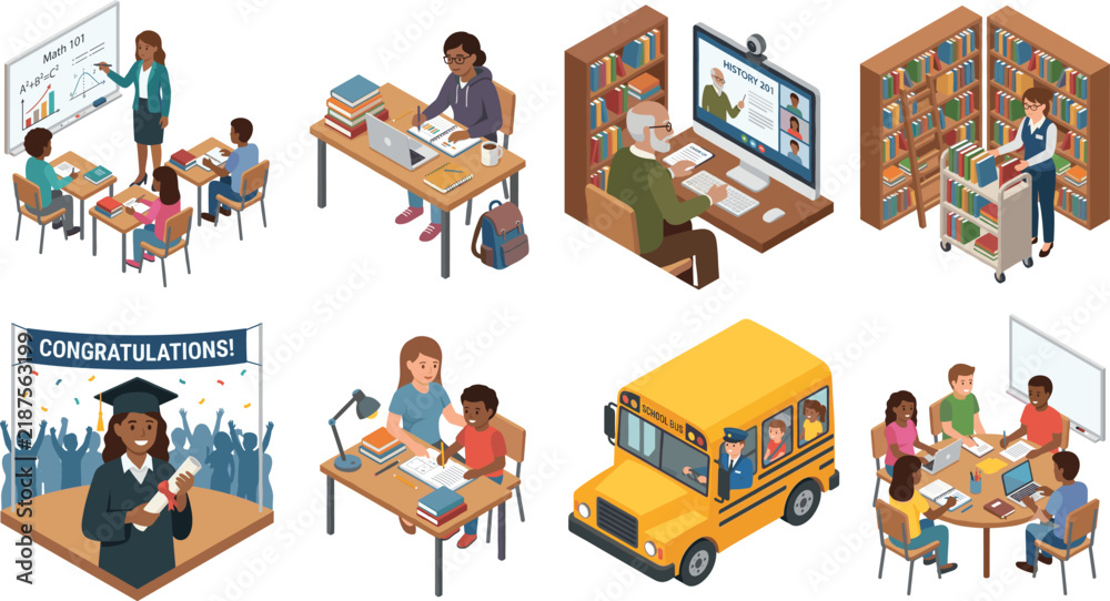Fototapeta premium Modern Education and Learning Process Illustrated with Classroom, Online Study, and Graduation Scenes