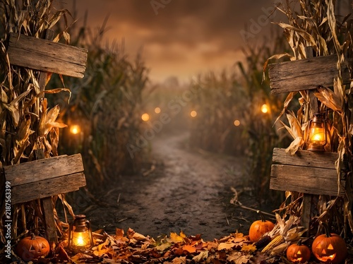 Spooky corn maze path with glowing lanterns and carved pumpkins for halloween celebration with border frame and copy space