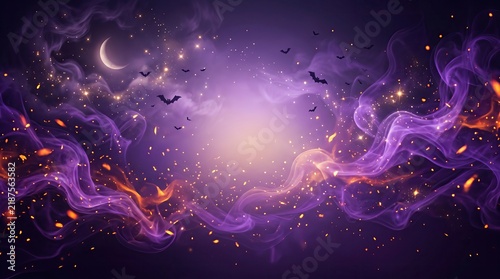 Mystical Night Sky with Purple Smoke, Bats, and Glowing Stars