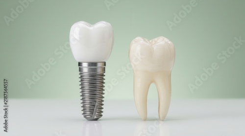Smooth green background featuring a human tooth and dental implant for medical illustration.
