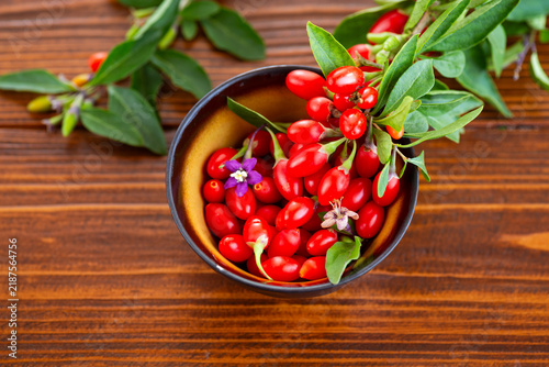 Obraz na płótnie Fresh goji berries in ceramic bowl on wooden background