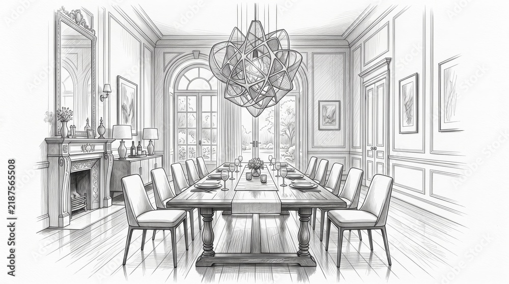 Fototapeta premium Architectural pencil sketch of a luxury dining room with long table and ornate chandelier