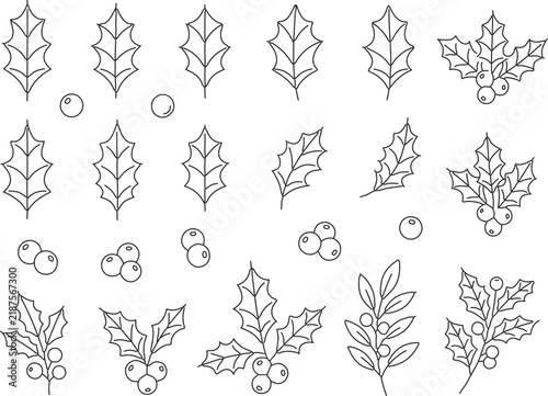 Collection of Hand-Drawn Holly Leaves and Berries Line Art