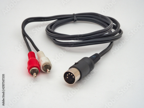 Foto RCA and DIN Audio Video Cable - Close-up view of a black cable with red and white RCA connectors and a multi-pin DIN connector, isolated on a white background
