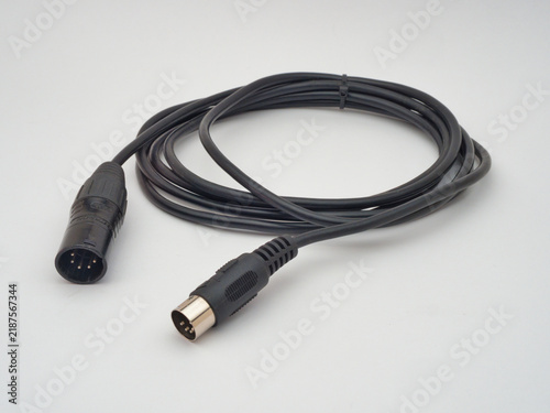 Принти на полотні Black XLR to DIN MIDI Cable - A coiled black audio cable featuring a 3-pin XLR m