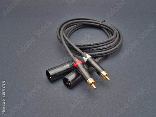 Quadro su tela Professional Audio Cable with Connectors - High-quality black audio cable featuring gold-plated RCA plugs and XLR connectors, neatly coiled on a dark gray surface