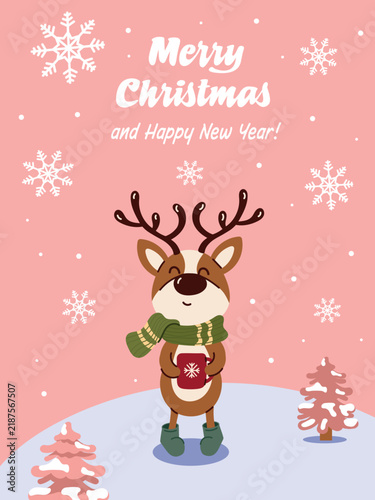Merry Christmas vertical card with cute reindeer in green scarf holding red mug, snowflakes, and snowy pink trees on pastel background. Vector layout.