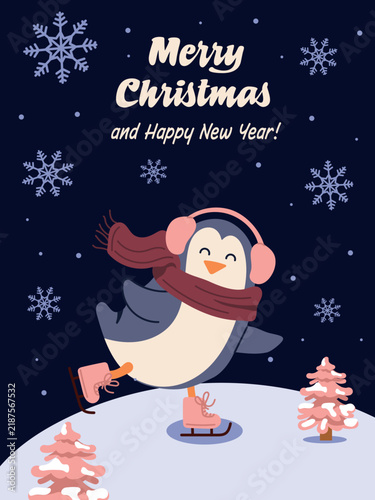 Merry Christmas vertical poster with cute penguin ice skating in scarf and earmuffs, snowflakes, and pink snowy trees on dark night sky. Vector card