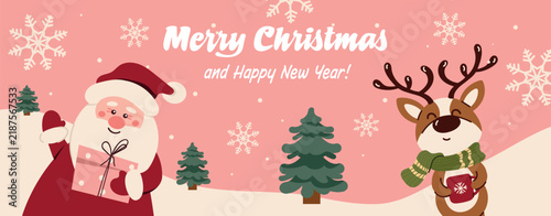 Merry Christmas horizontal banner featuring Santa Claus holding a gift, cute reindeer with mug, pine trees, and snowflakes on pastel pink background. Vector card layout