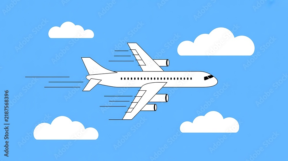 Naklejka premium A Minimalist Illustration Of A Commercial Airplane Flying Through A Bright Blue Sky With Fluffy White Clouds