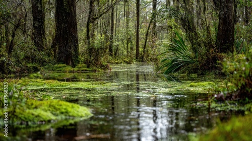A tranquil swamp landscape features lush vegetation and calm water reflecting the surrounding trees, capturing the serene beauty of nature
