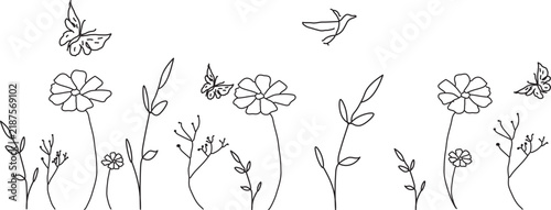 Floral border line art. Wildflowers and butterfly vectors isolated on White Background. Line art design illustrations
