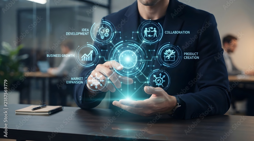 Obraz premium Business professional interacting with a futuristic digital interface for data management and corporate analysis