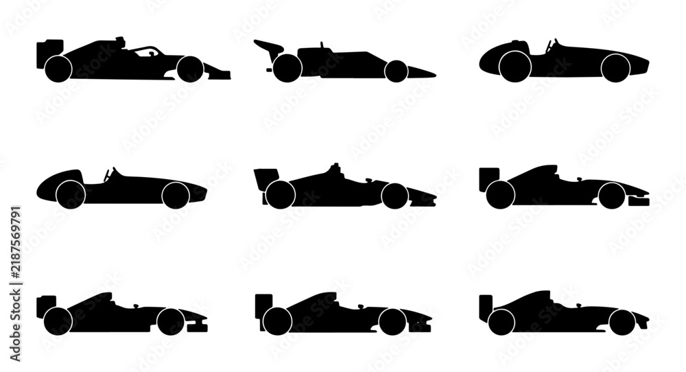Obraz premium Formula 1 Racing Cars Silhouette Collection: Speed, Motorsport Icons, Vector Set