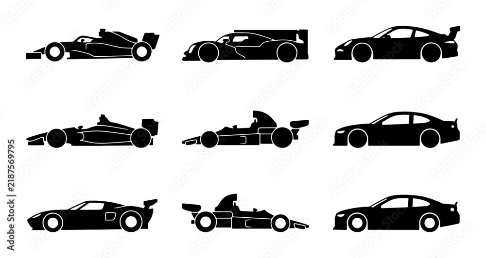 Obraz premium Set of 9 Black Silhouette Sports Cars and Race Cars, Vector Icons for Automotive and Speed Themes