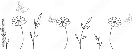 Wildflowers and butterflies line art. Floral vector border isolated on White Background. Line art design illustrations