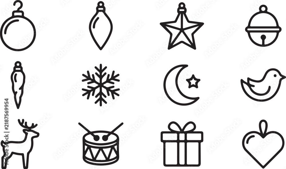 Naklejka premium Christmas tree decorations and ornaments vector icons set with outline style including baubles, star, bell, reindeer, gift box, and festive elements.