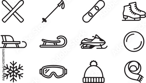 Winter sports and outdoor activities vector icons set with outline style including skis, snowboard, ice skates, sled, snowmobile, and cold weather gear.