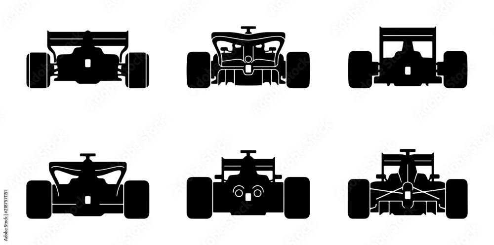 Obraz premium Formula 1 Car Silhouettes: Six Front View Vector Icons, Racing Speed Concept