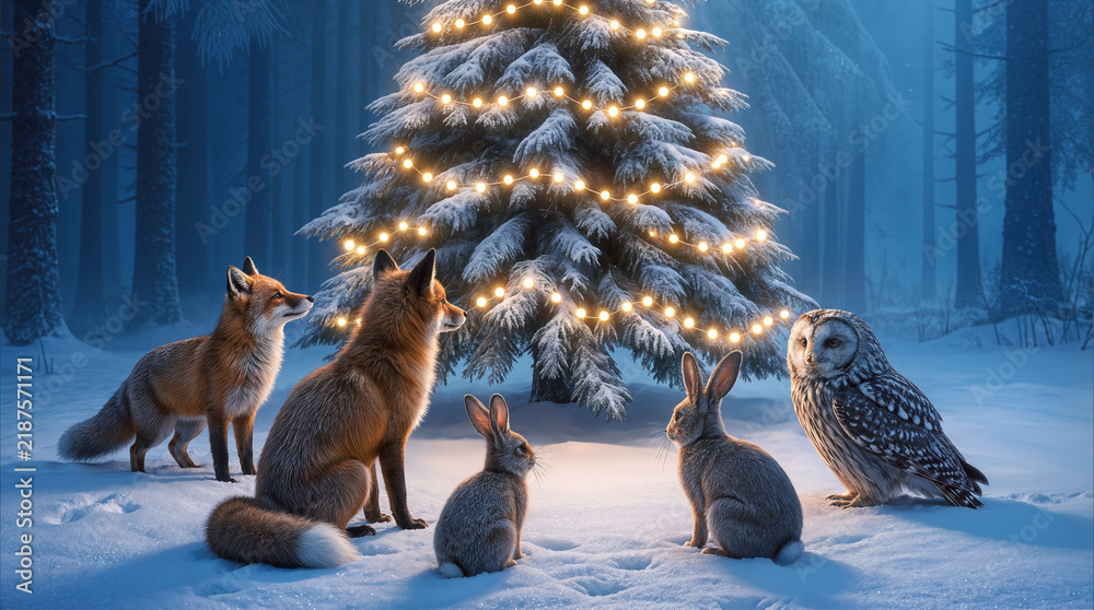Fototapeta premium Forest animals gathered around illuminated Christmas tree in snowy woods. Red foxes, rabbits, and owl observing glowing holiday lights during winter night.