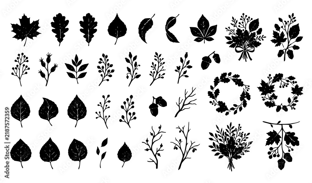 Obraz premium Black Autumn Leaf and Berry Silhouette Set for Stamps Stickers and Prints