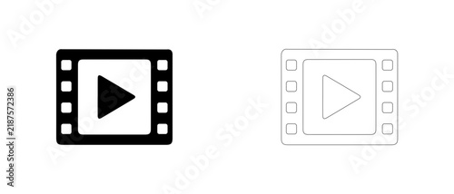 Film strip frame with play button vector icon filled and outline, video player and movie clip symbol.