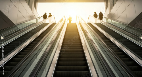 Silhouettes ascend modern escalators towards bright sunlight
