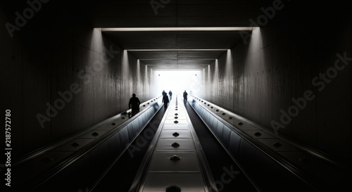 Silhouettes of people ascend escalator towards bright light at end of tunnel