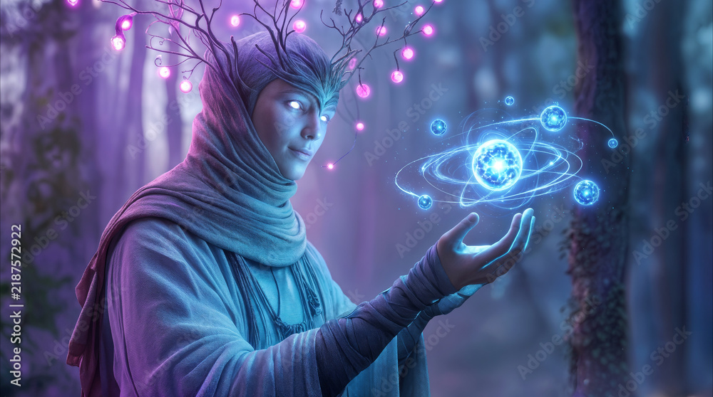 Fototapeta premium Mystical forest entity with glowing eyes holding floating energy sphere. Fantasy character wearing hooded robe and branch crown in enchanted woodland.