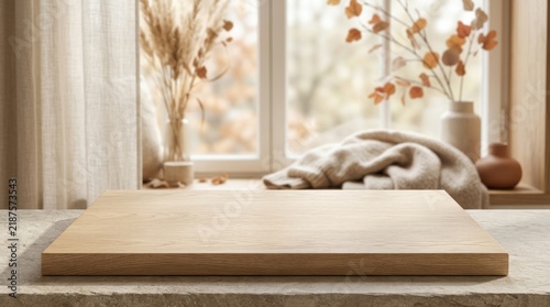 Minimalist wooden display podium on stone surface for autumn fashion mockup.