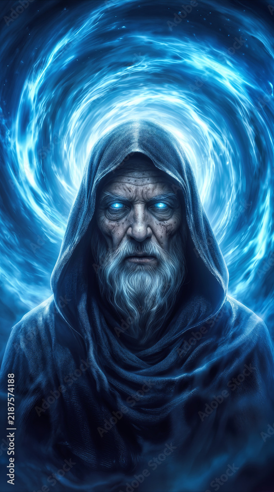 Fototapeta premium Ancient sorcerer with glowing blue eyes standing before mystical energy vortex. Fantasy wizard character in hooded robe channeling magical power.