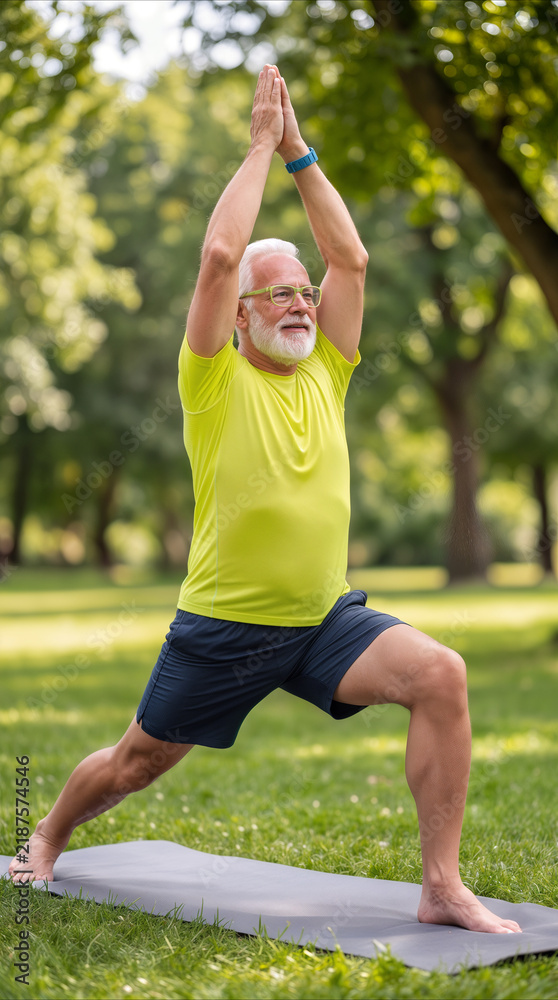 Obraz premium Retired man practicing yoga in public park. Senior citizen performing warrior pose on mat during morning workout for healthy lifestyle.