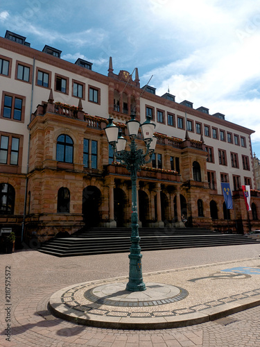 New Town Hall with historic street lamp in Wiesbaden, Germany