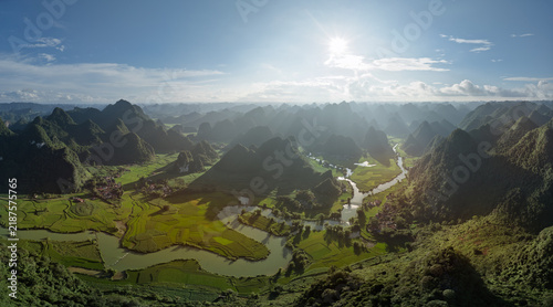 Panoramic Karst Valley Landscape in Trung Khanh, Vietnam