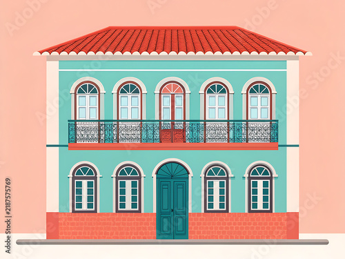 Minimal modern vector illustration of a Goan Portuguese colonial house, colorful facade, arched windows