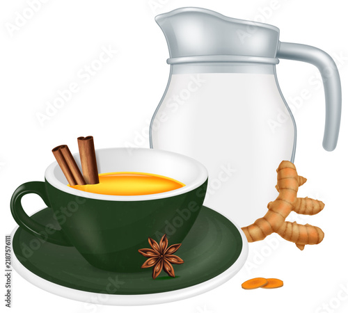 Golden milk turmeric tea in green ceramic cup with milk jug pitcher, cinnamon, and ginger root isolated on white background.