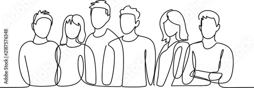 A continuous line of a diverse group of six people, men and women, standing together diversity