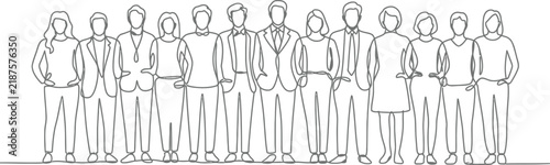 A diverse group of people, men and women, depicted in a minimalist, continuous line style, standing together in a line against a white background