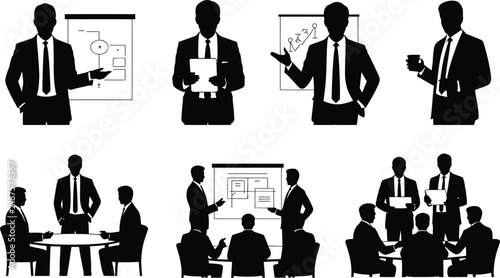 Collection of black silhouette business people in various meeting and presentation scenarios, including boardrooms and individual discussions