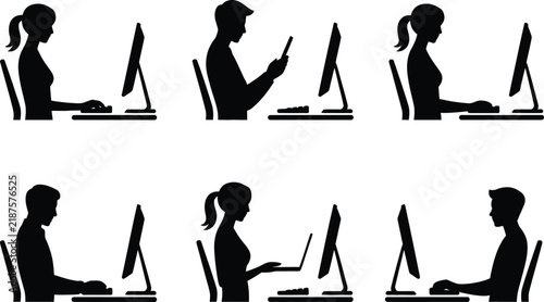 Silhouettes of people working on computers and using smartphones, arranged in a grid desk chair