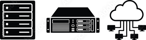 Server Icon Set with Cloud Storage, Rack Server, and Data Storage. Digital Infrastructure Concept, Server Room Illustration, Network Design.