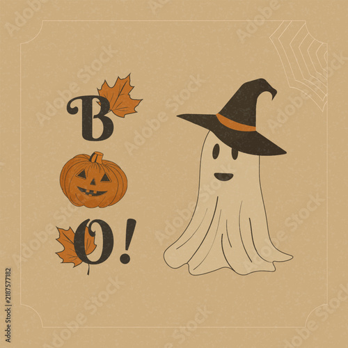 Halloween Poster with Ghost Pumpkin Witch Hat and BOO Lettering