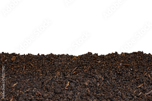 Fotografie Fertile dark brown organic soil compost border frame bottom edge isolated on tra