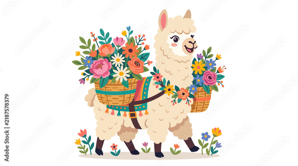 Fototapeta premium Cute Llama Carrying Flowers in Baskets