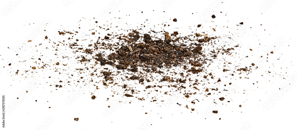 Obraz premium Scattered dark brown fertile garden soil dirt pile texture isolated on transparent background