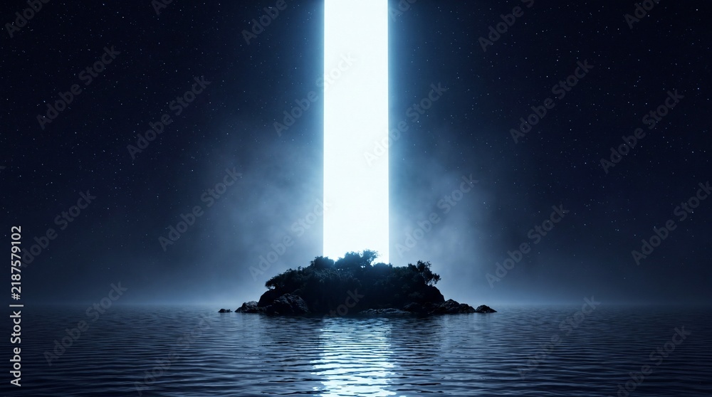 Obraz premium A solitary island, shrouded in mist and darkness, is illuminated by a powerful beam of light erupting from its core, creating an atmosphere of mystery and wonder.