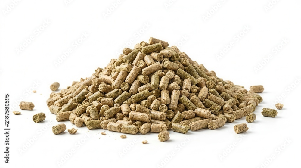 Obraz premium Piled animal feed pellets isolated on a clean white background