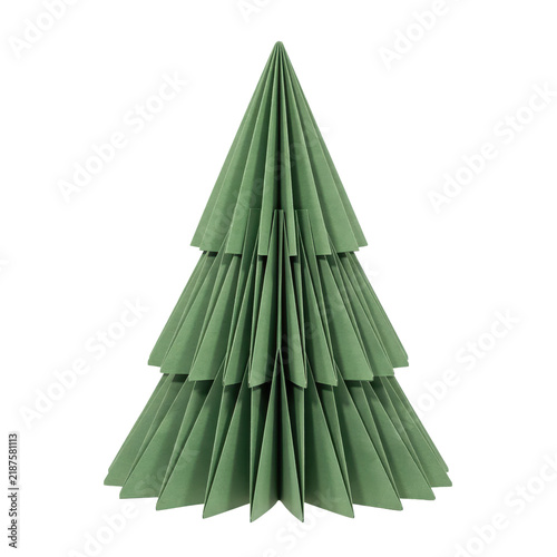 Sage green paper folded christmas tree ornament with tiered layers isolated on a transparent background