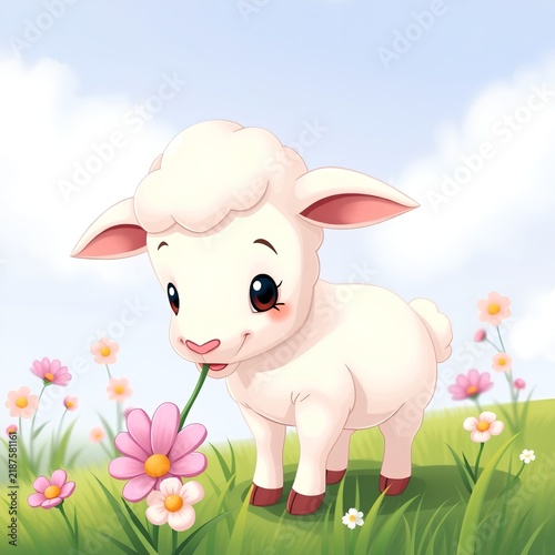 A cute lamb enjoying a flower on a sunny day