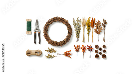 Autumn Floral Wreath Making Kit with Dried Flowers and Seers, Gardening Tools for Crafting, Natural Decor Supplies for Seasonal Arrangements on White Background Thanksgiving
